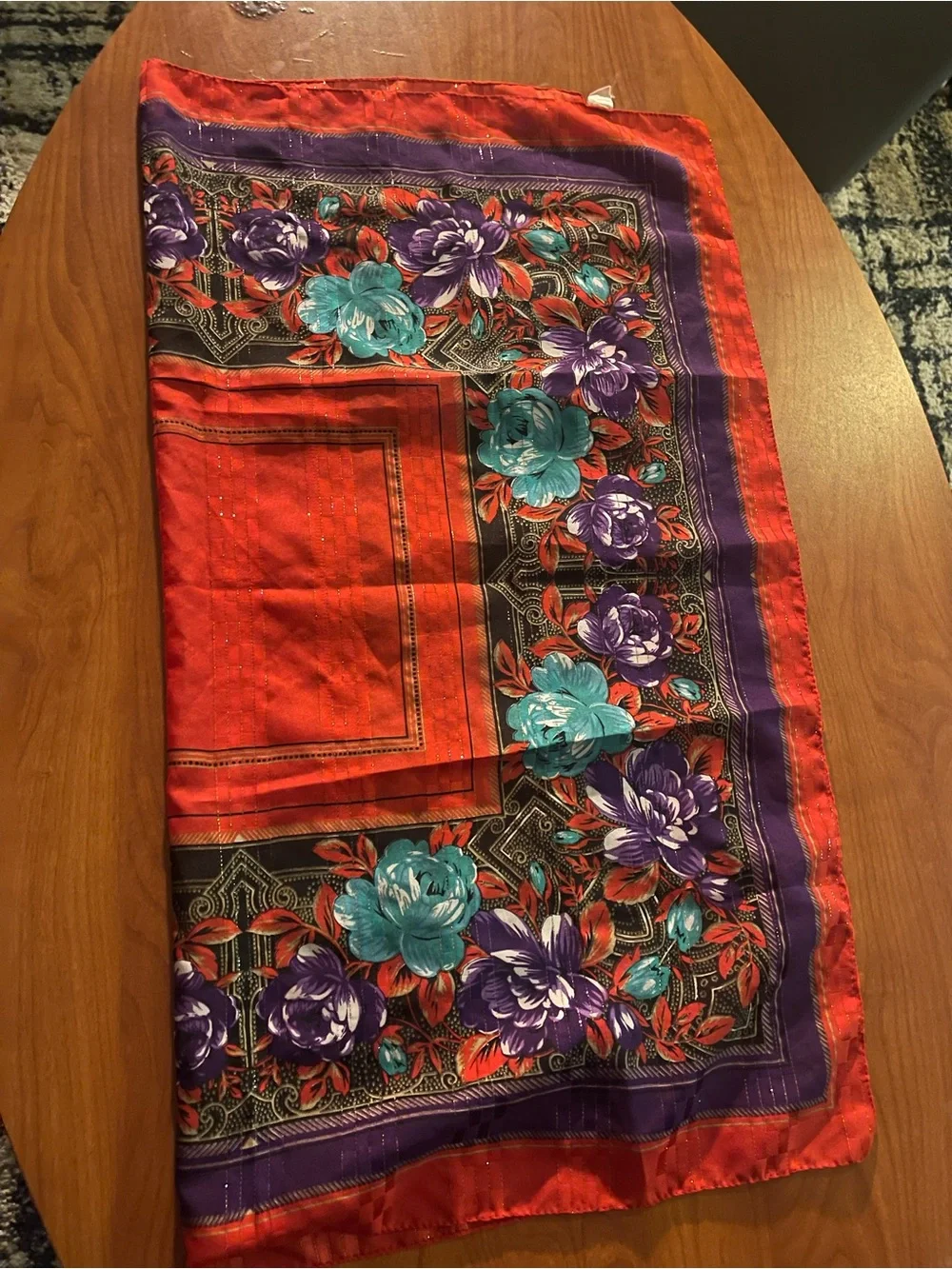 The Bar Red Throw with Teal and Purple Floral Border